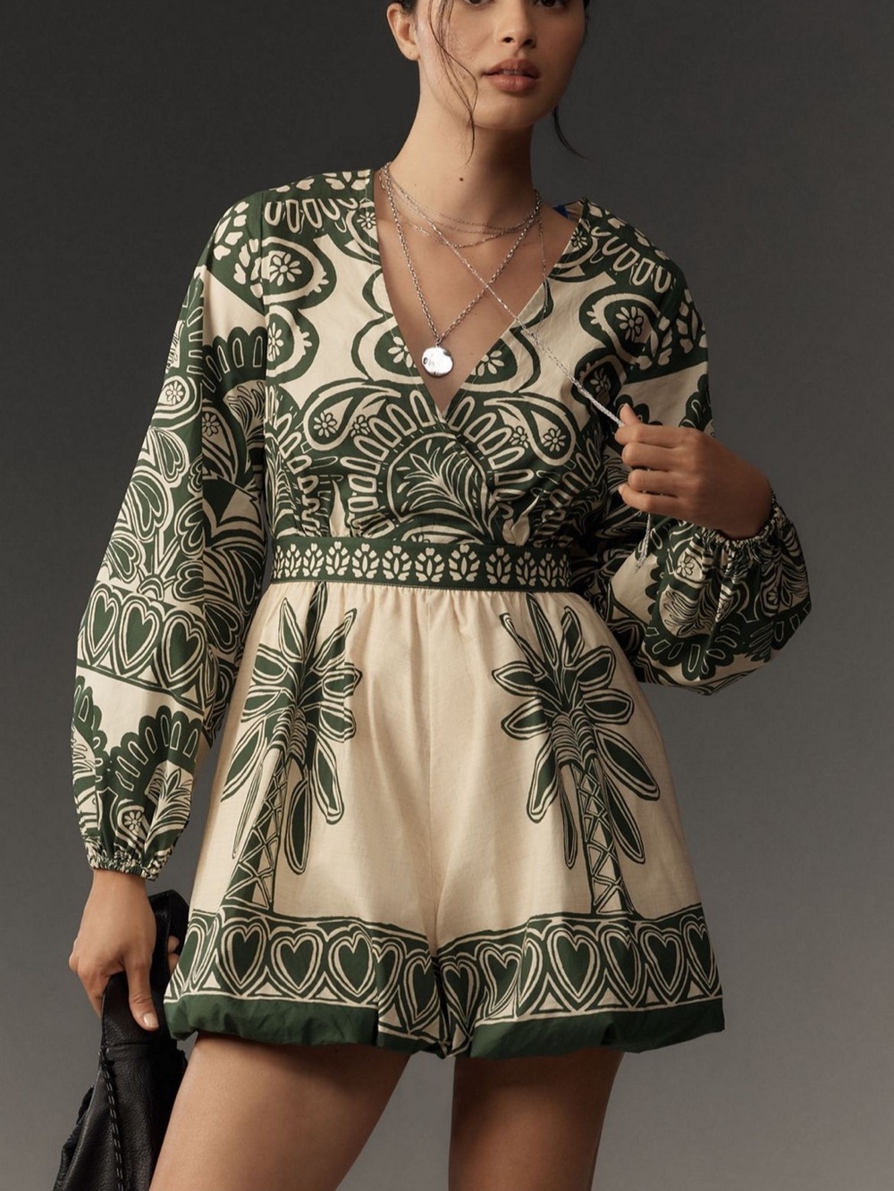 Olive & Cream Printed V-Neck Romper
